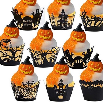 12 Piezas Estilo Al Azar De Envoltorio De Cupcakes De Halloween Con Recortes De Decoración