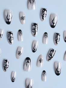 Transforma Tus Uñas Con El Conjunto De 24 Piezas De Uñas Postizas Con Diseño Negro De Llama Y Dragón Chino En Forma De Almendra, Incluye 1pc De Pegamento Transparente De Jalea Y Una Lima De Uñas. - Multicolor - Ver 4