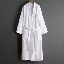 1pc Terry Velour Plain Collar Robe, Bathrobe, Loungewear, Home Wear, Soft, Absorbent, For Bathroom, Bedroom, Swimming Pool Back To School - White - View 4