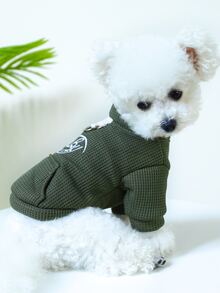 1入組寵物衣服可愛刺繡外套適用於小和中等的小狗和貓,秋天和冬天 - 軍綠色 - 查看 2