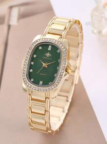1入女士豪華不銹鋼鑲鑽手錶，多色橢圓錶盤時尚時裝女士石英手錶度假首選 - 綠色 - 查看 2