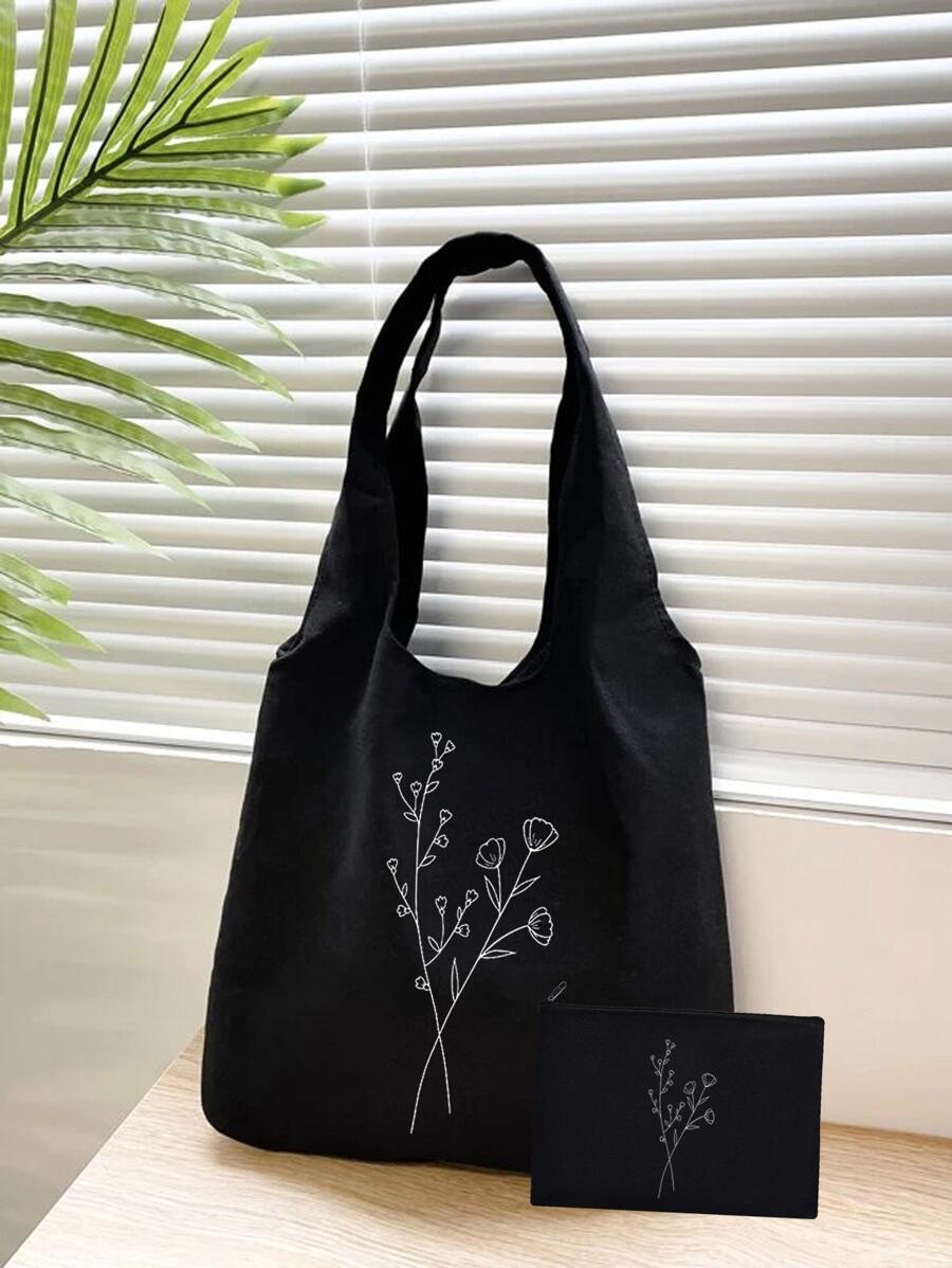 Túi đeo vai trước in họa tiết hoa đơn giản, họa tiết thường ngày, túi kết hợp di động, túi mua sắm nhẹ có túi nhỏ, túi đi học, dung tích lớn, nhẹ, di động, phù hợp cho nữ sinh trung học, sinh viên đại học, hoàn hảo cho việc trở lại trường, đại học, trung học cơ sở, trung học phổ thông, công việc, kinh doanh, đi làm - màu đen - Xem 1