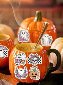 Retro Hippie Halloween Spooky Babe Stickers Pink Halloween Skeleton Pumpkin DIY Album Diary Deco Aesthetic Stickers Scrapbooking Material,School Supplies,Back To School