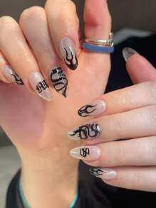 Transforma Tus Uñas Con El Conjunto De 24 Piezas De Uñas Postizas Con Diseño Negro De Llama Y Dragón Chino En Forma De Almendra, Incluye 1pc De Pegamento Transparente De Jalea Y Una Lima De Uñas. - Multicolor - Ver 2