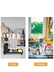 Kitchen Sink Caddy Organiser - With Stainless Towel Shelf Multifunctional Washing up Organiser,For Kitchen Storage Bathroom & Countertop(Black) - Black - View 4