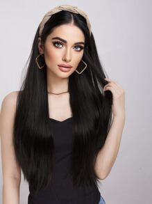 22吋長直頭帶假髮棕色合成覆蓋假髮自然直頭發件半假髮 - 黑色 - 查看 5