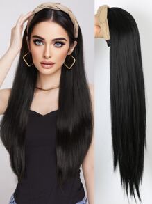 22吋長直頭帶假髮棕色合成覆蓋假髮自然直頭發件半假髮 - 黑色 - 查看 2