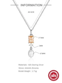 1片925純銀豪華香檳色氧化鋯珍珠吊墜項鍊18K鍍金45cm長度女性首飾類