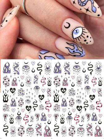 2pcs Evil Eyes 3D Nail Sticker,Snake Moon Heart Sliders For Nails Design Purple Flame Nail Art Decoration Decals Manicure Nail Stickers DIY