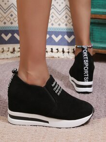 Thick Sole Platform Loafers For Women, Wedge Heels Slip-On Casual Shoes With Hidden Increased Height - Black - View 5