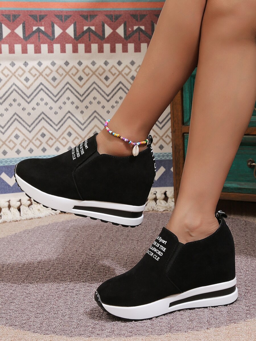 Thick Sole Platform Loafers For Women, Wedge Heels Slip-On Casual Shoes With Hidden Increased Height - Black - View 1