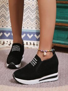 Thick Sole Platform Loafers For Women, Wedge Heels Slip-On Casual Shoes With Hidden Increased Height - Black - View 3