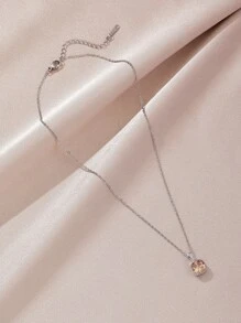 1pc Silver Stainless Steel Luxury Cubic Zirconia Minimalist Casual Necklace, Fashionable Unisex Design - Silver - View 2