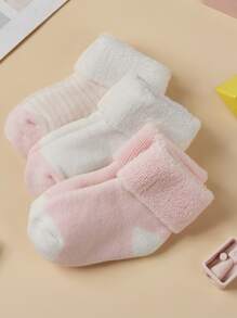 3 Pairs Baby Girls' Pink Cute Warm Terry Mid-Calf Socks, Suitable For Winter - Multicolor - View 3