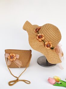 2pcs/Set Ladies' Floral Headband Decorated Khaki Woven Sun Hat And Woven Bag Combination, Fashionable And Fresh Style, Suitable For Outdoor Travel, Beach, With Sun Protection And Uv Protection, Convenient To Carry, The Hat Can Be Folded Boho Valentine's Day Valentines Valentines Gift - Khaki - View 1