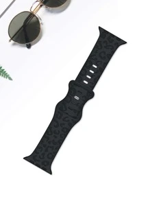 豹纹花卉雕刻表带，兼容苹果手表 49mm、45mm、44mm、42mm、41mm、40mm、38mm、46mm 表盘，豹纹防水运动硅胶替换表带，适用于苹果手表 Series 11、10、9、8、7、6、5、4、3、2、1、SE，女士款 - 黑色 - 查看 2