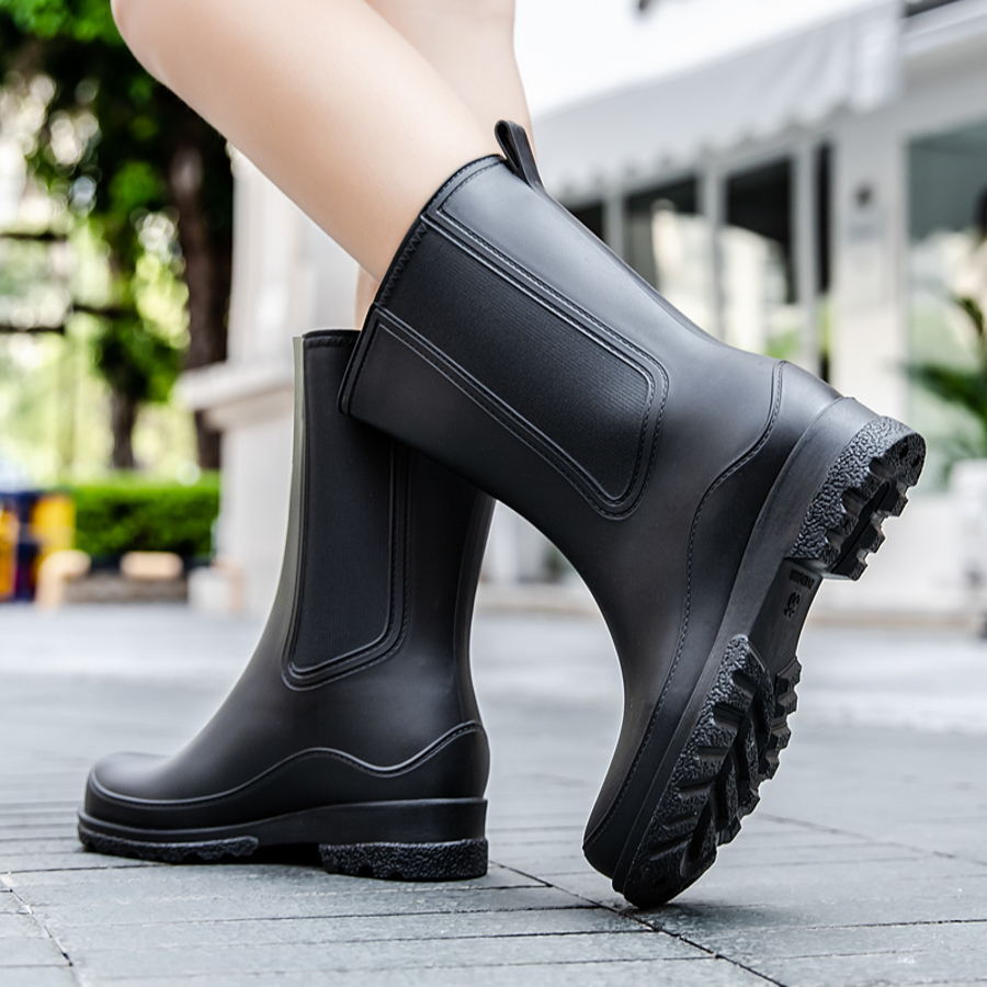 Fesd Ts Women's Rain Shoes - New Style Mid-Calf Rain Boots - Anti-Slip, Waterproof, Durable Rubber Shoes - Fashionable Outdoor Water Shoes - Waterproof, Anti-Slip, Thermal Lined - Women's Thick-Soled Rubber Shoes For Adults - Black - View 1