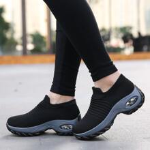 Women's Classic Black Sports Casual Shoes, Slip-On Platform Wedge Knitted Air Cushion Dance Shoes - Black - View 5