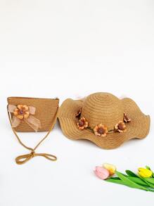 2pcs/Set Ladies' Floral Headband Decorated Khaki Woven Sun Hat And Woven Bag Combination, Fashionable And Fresh Style, Suitable For Outdoor Travel, Beach, With Sun Protection And Uv Protection, Convenient To Carry, The Hat Can Be Folded Boho Valentine's Day Valentines Valentines Gift - Khaki - View 2