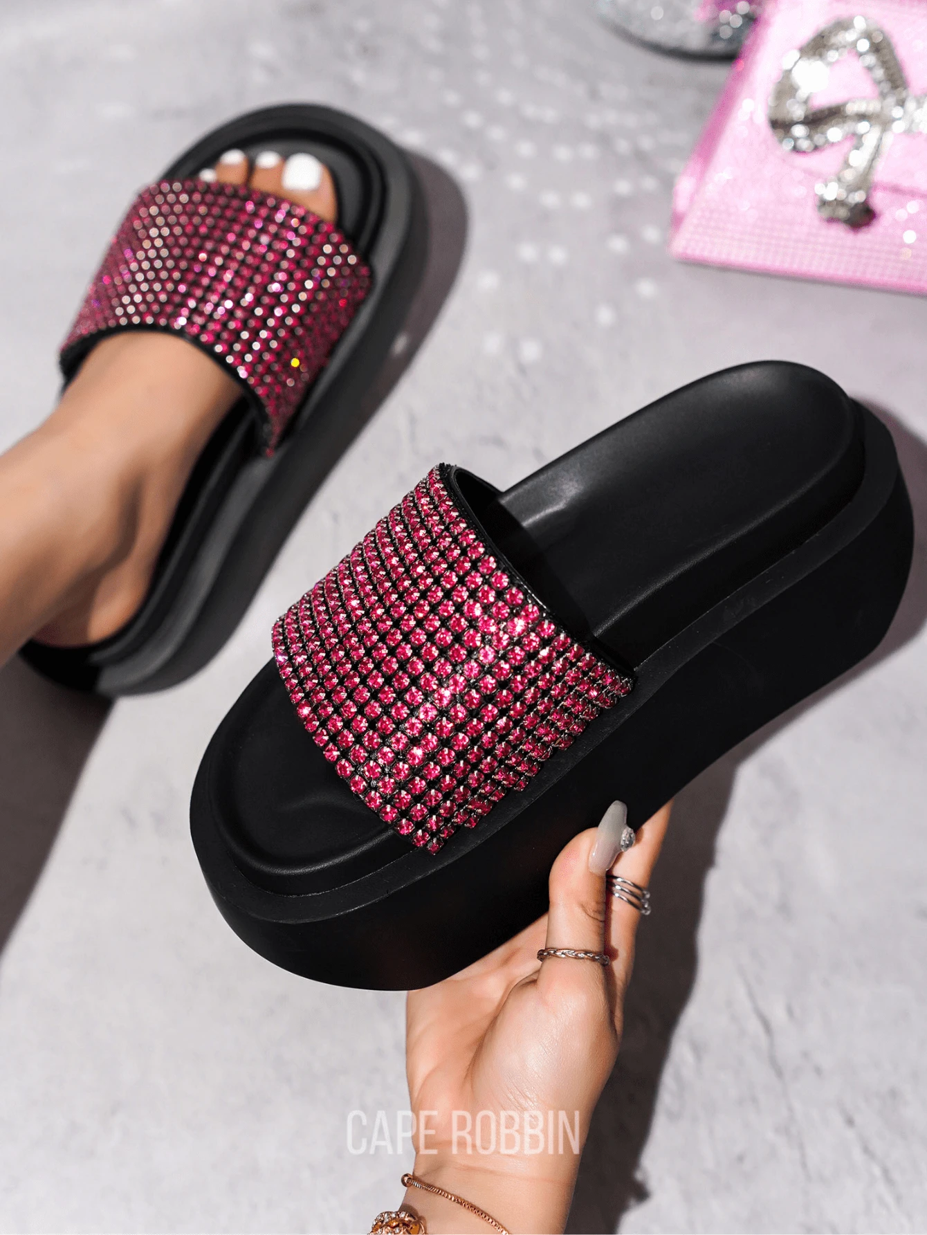 Women's  Luxurious Rhinestone Platform Sandals - Platform Round Toe Mid Heel For Every Day Wear - Pink - View 1