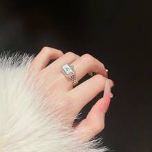 1pc Plated Stone Decor Square Shape Ring With Watch Chain Design, Suitable For Women's Daily Wear - Silver - View 4