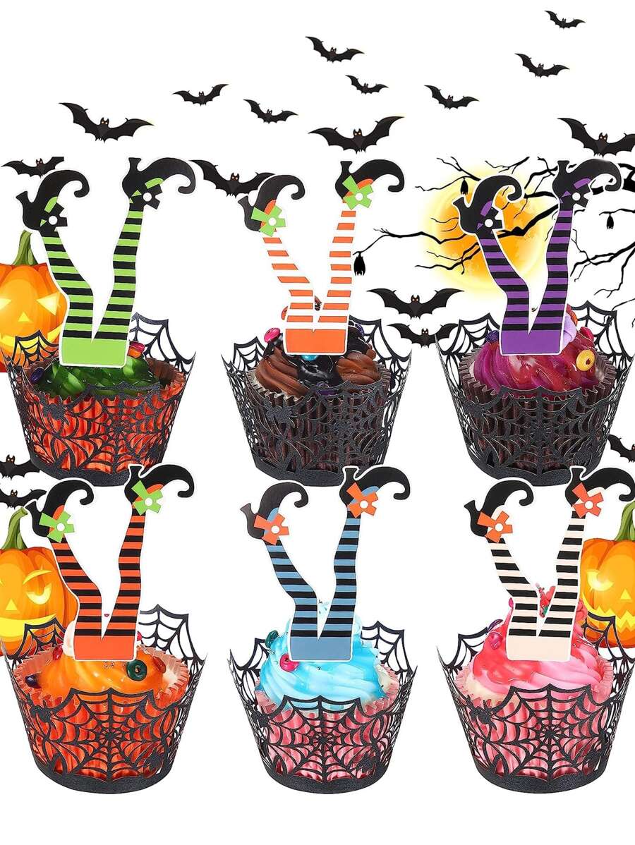 12入組萬聖節派對腿形紙質蛋糕裝飾組,靴子杯子蛋糕挑插,萬聖節蛋糕裝飾用品,在杯子蛋糕上裝飾,萬聖節派對蛋糕帽子標誌,萬聖節主題生日派對用品