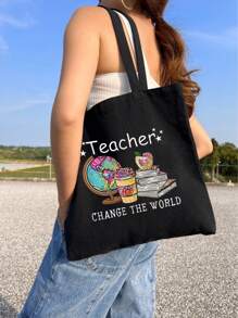 2入組地球字母印花帶拉鍊購物手提袋和輕便旅行化妝包禮品袋，非常適合送給女性、媽媽、老師、朋友、婚禮、伴娘、多功能整理包，最好的永久教師禮物，最好的感謝教師禮物 - 黑色 - 查看 3