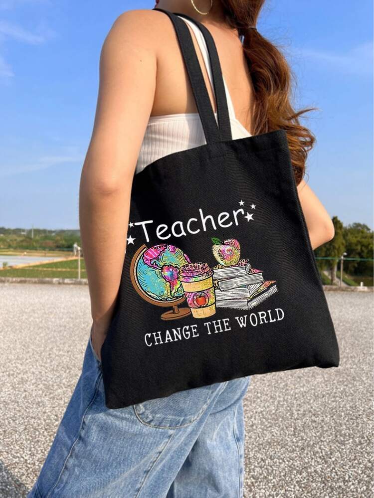 2pcs Globe Alphabet Print Shopping Tote Bag With Zipper And Lightweight Travel Cosmetic Bag Gift Bag,Great Gift For Women,Mom,Teacher,Friends,Wedding,Bridesmaid,Multipurpose Organizer, Best Teacher Gifts Forever, Best Thank You Teacher Gift - Black - View 3