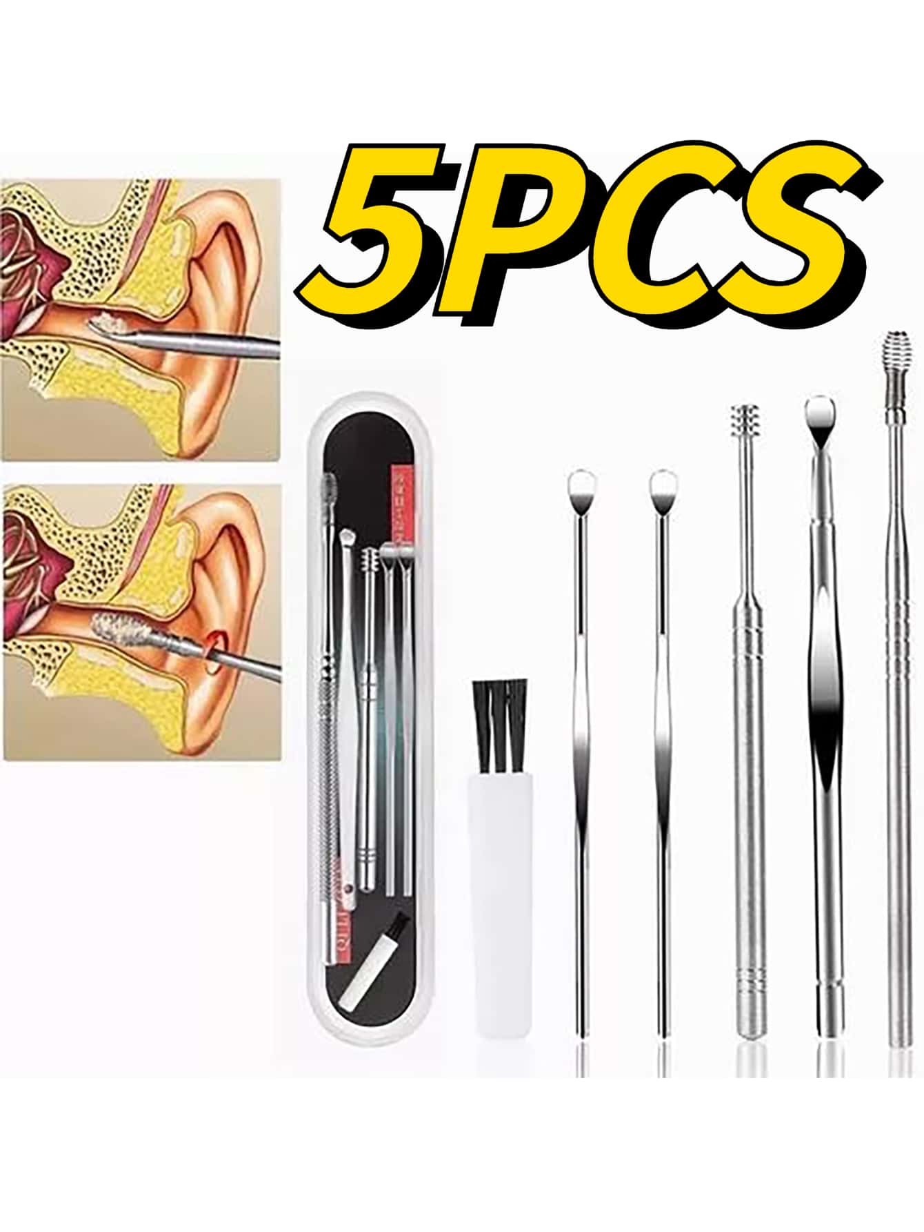 Set Limpiador de Oído de Acero Inoxidable con Estuche - Kit para limpiar oídos, Higiene Personal, Herramientas para Limpieza Profunda y Cuidado de los Oídos - Plateado - Ver 1