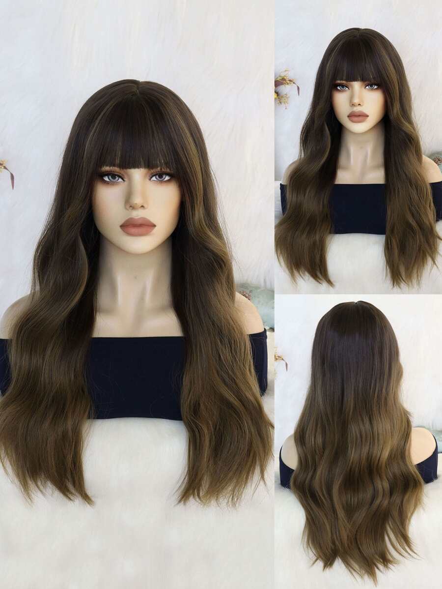 Tóc giả nữ dài 26 inch tự nhiên không keo, sợi mềm, chịu nhiệt, kiểu tóc giả nữ quyến rũ, có mái bằng, dùng cho tiệc tùng hàng ngày, kèm 1 mũ đội tóc giả - Nhiều màu - Xem 1