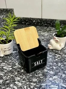 Saleiro Manhattan Em Porcelana Mesa Tampa Bambu C/colher - Preto - Visão 3