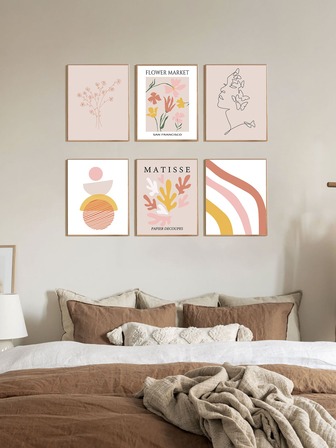 6入組波西米亞風格的牆藝術,抽象線條帆布海報,珊瑚花印圖片,面部蝴蝶壁畫,彩虹藝術印刷,北歐風格的牆壁海報,客廳裝飾品無相框。