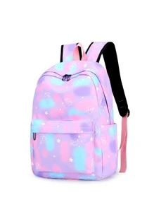 3 件套背包套装，时尚简约清新大容量多口袋轻便背包、铅笔盒、午餐袋，星空涂鸦拼布尼龙材质，多色可选，适合女性办公室、度假、旅行、户外、运动、学生返校，实用礼品套装 - 紫色 - 查看 5