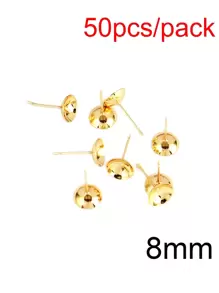 50pcs Stainless Steel Blank Earrings Pearl Cup Ear Studs Base Pins Round Cabochon Tray Settings DIY Pearl Ear Post Pin Findings - Gold - View 10