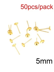 50pcs Stainless Steel Blank Earrings Pearl Cup Ear Studs Base Pins Round Cabochon Tray Settings DIY Pearl Ear Post Pin Findings - Gold - View 8