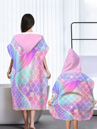 1pc Mother- Mermaid Tail Design Hooded Bath Towel, Modern Style.Made Of Ultra-Fine Fiber, Rectangle Shape Soft Changing Cloak And Multi-Functional Beach Towel, Suitable For Both Indoor Bathroom And Outdoor Beach Summer Wedding Home Bathroom Decor Beach Wear Back To School