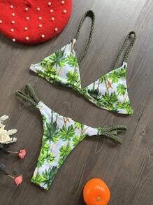 椰子树印花编织带三角杯丁字裤比基尼套装夏季 - 杏色 - 查看 1