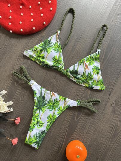 椰子树印花编织带三角杯丁字裤比基尼套装夏季