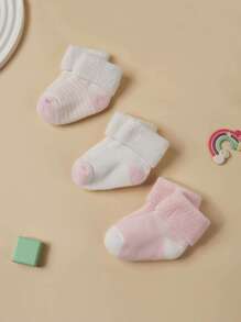3 Pairs Baby Girls' Pink Cute Warm Terry Mid-Calf Socks, Suitable For Winter - Multicolor - View 1