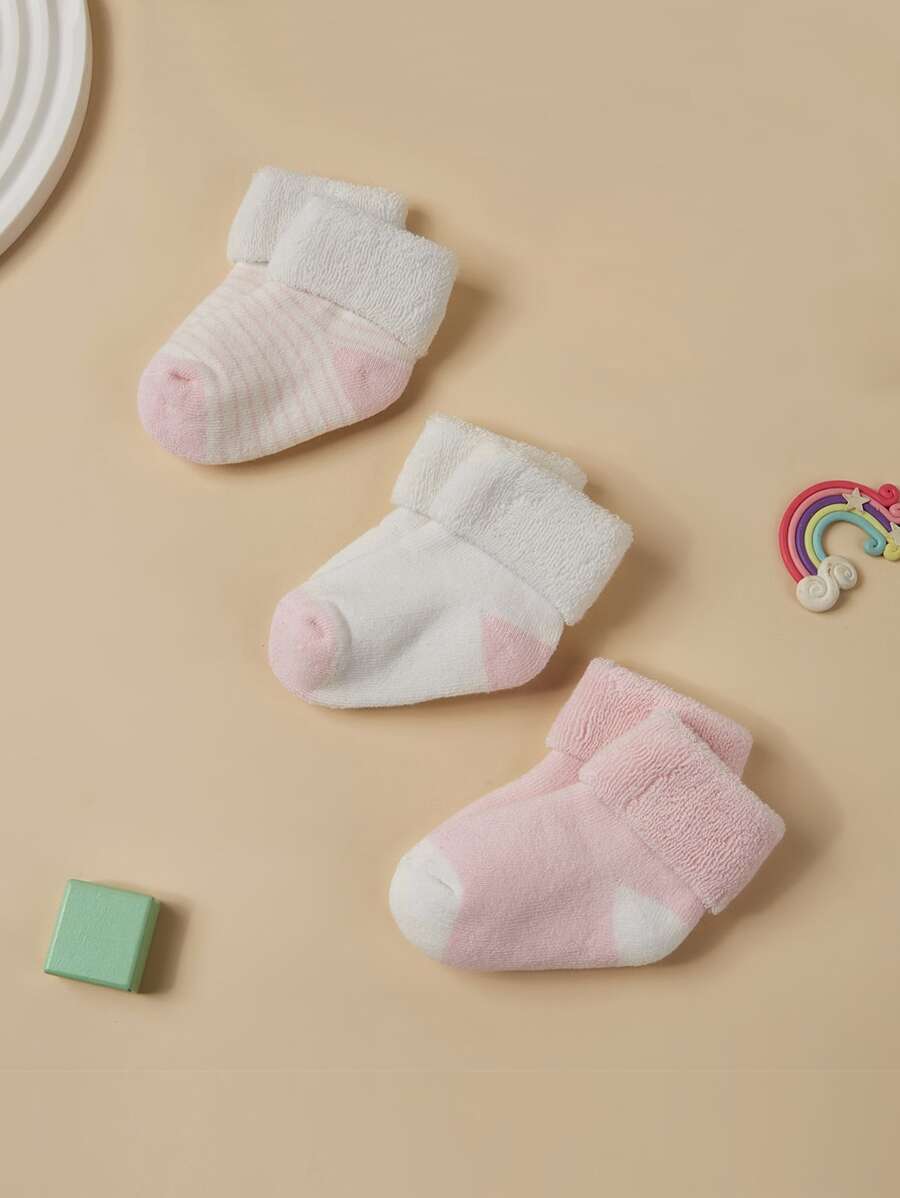 3 Pairs Baby Girls' Pink Cute Warm Terry Mid-Calf Socks, Suitable For Winter - Multicolor - View 1
