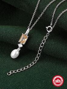 1片925純銀豪華香檳色氧化鋯珍珠吊墜項鍊18K鍍金45cm長度女性首飾類