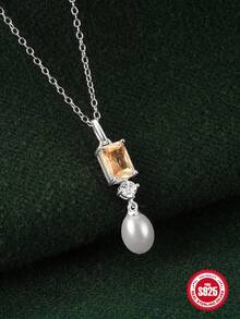 1片925純銀豪華香檳色氧化鋯珍珠吊墜項鍊18K鍍金45cm長度女性首飾類