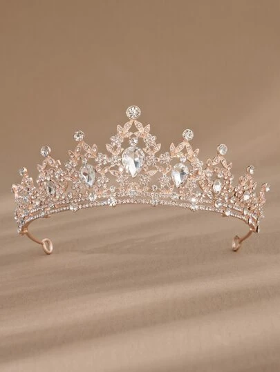 1 pieza Diseño clásico de corona de aleación para mujer, con decoración de cristales de circonita, color oro rosa, para tiaras de novia de boda real, accesorios para el Día de San Valentín