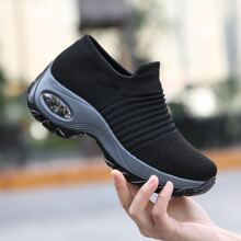 Women's Classic Black Sports Casual Shoes, Slip-On Platform Wedge Knitted Air Cushion Dance Shoes - Black - View 4