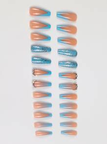 24 Piezas De Uñas Postizas Autoadhesivas Brillantes De Color Azul Marino Con Detalles De Diamantes De Imitación, Para Uñas Largas, Incluyendo 1 Pieza De Pegamento De Gelatina Y 1 Pieza De Lima De Uñas - Multicolor - Ver 4