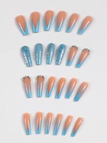 24 Piezas De Uñas Postizas Autoadhesivas Brillantes De Color Azul Marino Con Detalles De Diamantes De Imitación, Para Uñas Largas, Incluyendo 1 Pieza De Pegamento De Gelatina Y 1 Pieza De Lima De Uñas - Multicolor - Ver 3