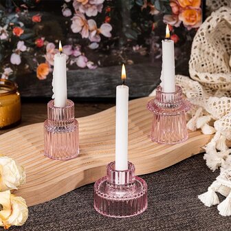 1套粉色3入組可反轉玻璃燭台,適用於桌上裝飾,婚禮和晚宴