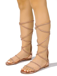 Women's  Rhinestone Round Toe Flat Sandals - Single Round Toe Metallic/Holo, Patent Flat For Festival Shoes - Hoa hồng vàng - Xem 3