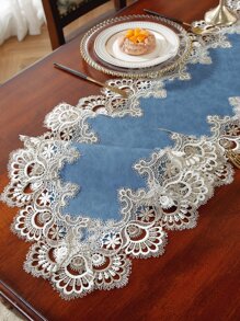 ABEST6522 Home&Living store Chemin de table vintage 100% polyester  avec bordure en dentelle florale ajourée festonnée, élégant, résistant à l'eau, napperon décoratif pour table à manger, mariage, style ferme, décoration de la maison - Bleu azur - Voir 4