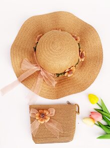 2pcs/Set Ladies' Floral Headband Decorated Khaki Woven Sun Hat And Woven Bag Combination, Fashionable And Fresh Style, Suitable For Outdoor Travel, Beach, With Sun Protection And Uv Protection, Convenient To Carry, The Hat Can Be Folded Boho Valentine's Day Valentines Valentines Gift - Khaki - View 3